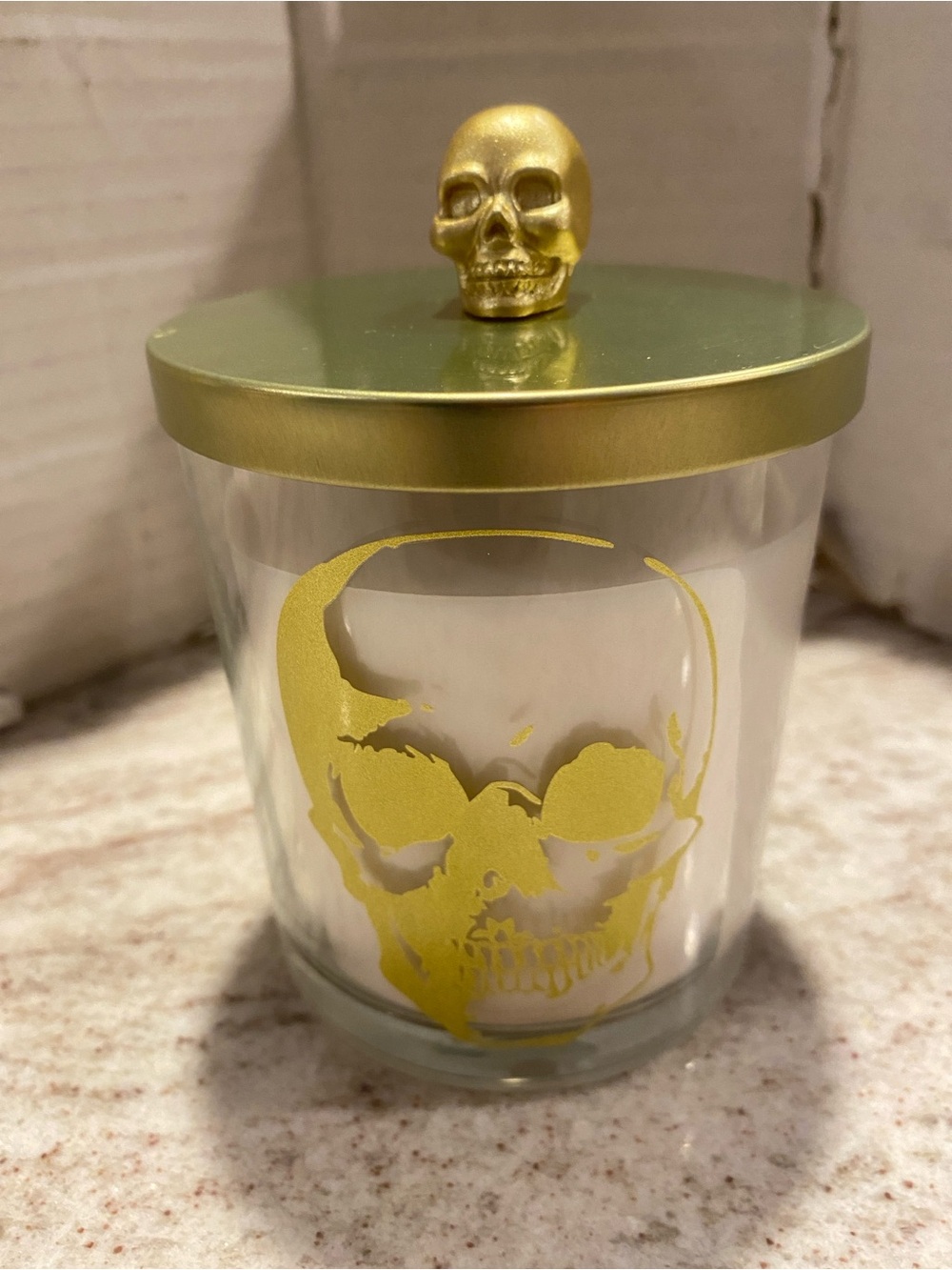 Gold Skull Glass Candle Jar w Metallic Lid Midnight marshmallow scent 9.5oz NWT